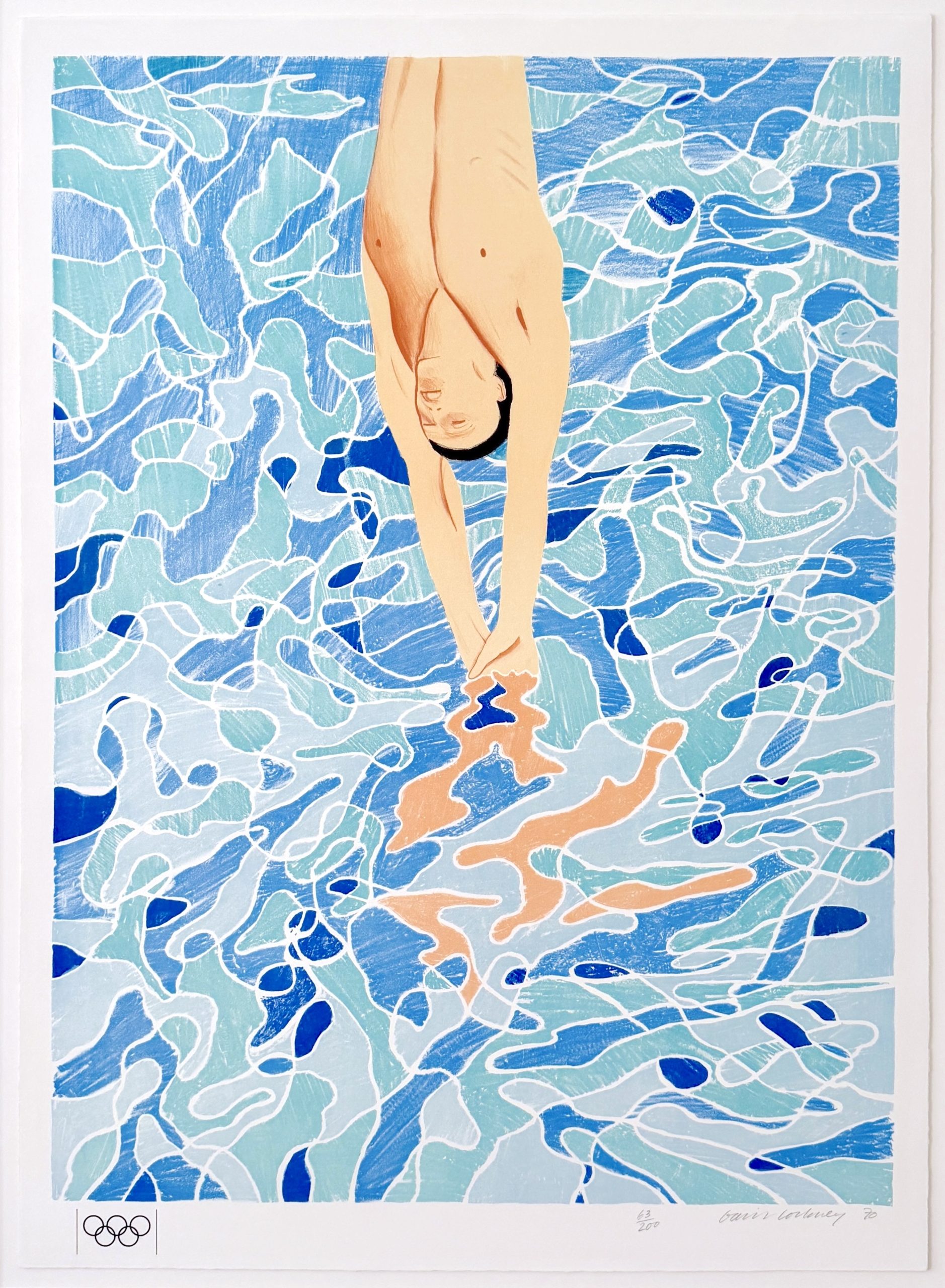 IMG_3572-kopie-scaled-1.jpg Kleurenlithografie van David Hockney getiteld "Munich Olympics, Swimmer", 1972, met de hand gesigneerd en genummerd 63/200
